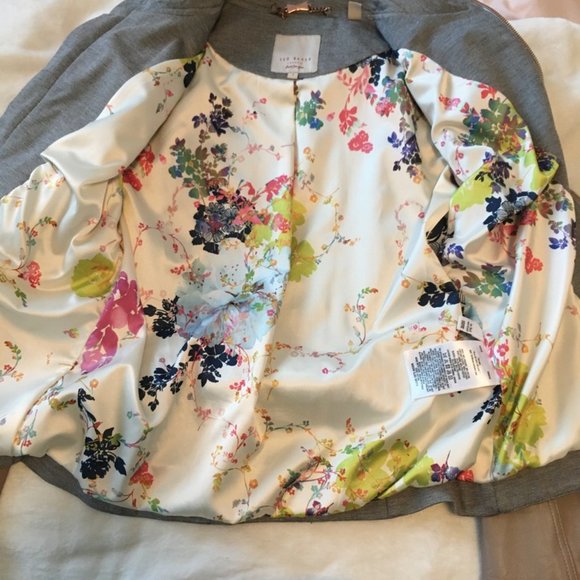 Ted Baker Beyty Grey blazer jacket zip up with tan brown leather sleeves size 1 - Picture 15 of 16